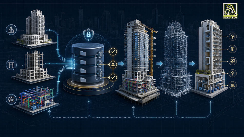 Dòng dữ liệu BIM từ phối hợp kiến trúc kết cấu MEP đến thi công, hoàn công và vận hành
